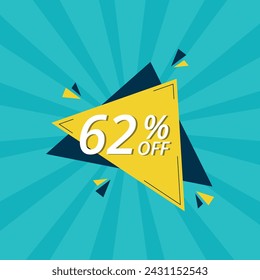 Ilustración vectorial de banner de descuento amarillo sobre fondo azul para negocios, banner de descuento del 62% para sitios web, blogs y recursos gráficos.