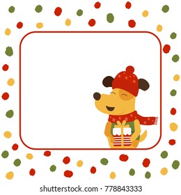 Vector illustration of yellow dog with gift box on polka dot background.  Background with polka dots. Design for christmas card, flyer, poster, invitations. 