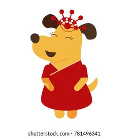 Vector illustration of yellow dog girl symbol 2018 new year. Vector symbol of new year 2018 in Chinese calendar. Vector dog isolated. EPS 10