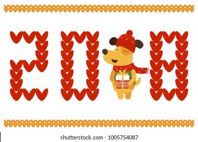 Vector illustration of yellow dog with knit elements. Year of dog 2018 logo, icon. Vector symbol of new 2018 in Chinese calendar. 