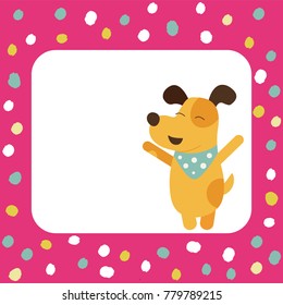 Vector illustration of yellow dog on polka dot background. Design for card, flyer, poster, invitations.
