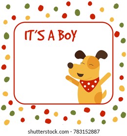 Vector illustration of yellow dog on polka dot background with It's a boy text. Cute illustration, template  for happy birthday card, baby shower invitation, baby arrival, cute children design. EPS 10