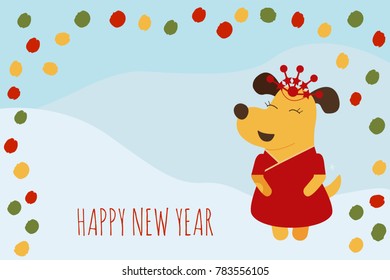 Vector illustration of yellow dog on polka dot background with Happy new year text. Year of dog 2018 logo, icon. EPS 10