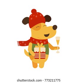 Vector illustration of yellow dog in red hat symbol 2018 with gift box and champagne glass. Symbol of new year in Chinese calendar