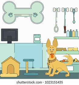 Vector illustration of a yellow dog in a dog shelter
