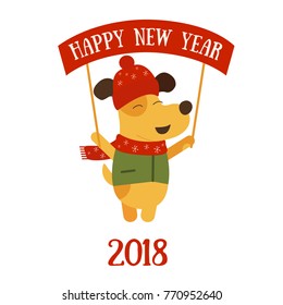 Vector illustration of yellow dog symbol of 2018 new year with banner. EPS 10.