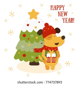 Vector illustration of yellow dog symbol 2018 with gift box. Year of dog 2018 logo, icon, element for new year of dog 2018 design. 