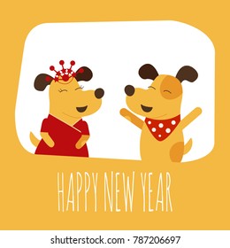 Vector illustration of yellow dogs with Happy new year text. Year of dog 2018 logo, icon. 