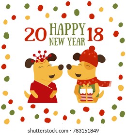 Vector illustration of yellow dogs on polka dot background with Happy new year text. Year of dog 2018 logo, icon