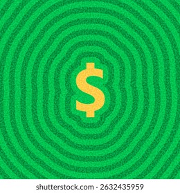 Vector illustration of a yellow dollar sign centered in vibrant green concentric ripple patterns with a textured background.