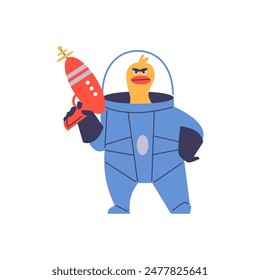 Vector illustration: Yellow duck in the form of a space warrior with a blaster. Cartoon spaceman Duck in suit is perfect for unique creative fantasy projects.
