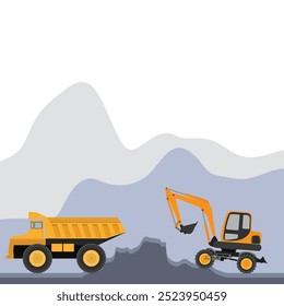 Vektorgrafik eines gelben Muldenkipper im Cartoon-Flachstil. Schwere Maschinen für Bau- und Bergbautransporte. Dump LKW in Logo für Web und Werbung Symbol