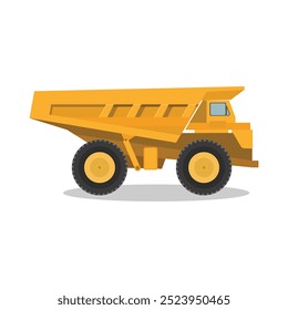 Vector illustration of yellow dump truck in cartoon flat style. Heavy machinery for construction and mining transportation. Dump truck in logo for web and advertising icon