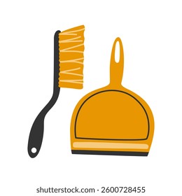 Vector illustration of a yellow dustpan and matching brush, ideal for cleaning tool concepts. Simple and effective design suitable for household and cleaning-related content.