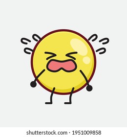 Vector Illustration of Yellow Emoji Character with cute face, simple hands and leg line art on Isolated Background. Flat cartoon doodle style.