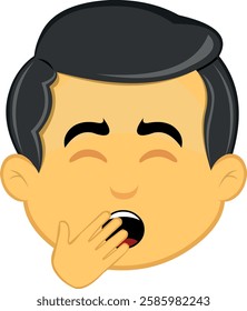 vector illustration yellow emoji character male, yawning covering his mouth with his hand