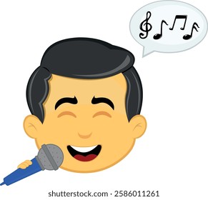 vector illustration yellow emoji character male, singing with a microphone in hand, a speech bubble and musical notes