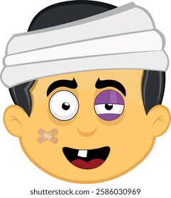 vector illustration yellow emoji character male, injured with bandages on his head, a black eye, a single tooth