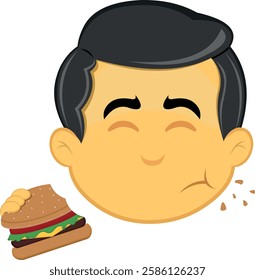 vector illustration yellow emoji character male, eating a hamburger