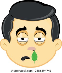 vector illustration yellow emoji character male, pale with flu symptoms and mucus falling from the nose