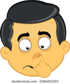 vector illustration yellow emoji character male, picking your nose looking for a mucus with your finger hand