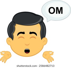 vector illustration yellow emoji character male, meditating with a speech bubble with the text OM