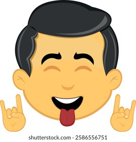 vector illustration yellow emoji character male, making the classic heavy metal gesture with hands and sticking out tongue