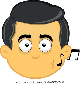 vector illustration yellow emoji character male, whistling with musical notes on the lips