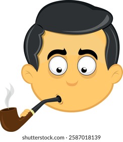 vector illustration yellow emoji character male, smoking and inhaling pipe tobacco smoke