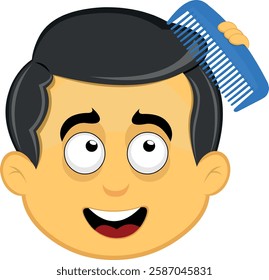 vector illustration yellow emoji character male, combing her hair with a blue comb