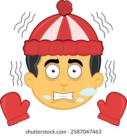 vector illustration yellow emoji character male, shivering cold, wearing gloves and a winter hat, with breath vapor in his mouth