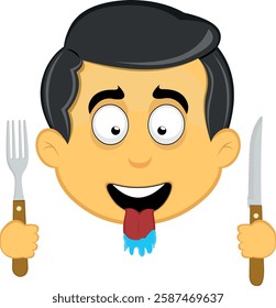 vector illustration yellow emoji character male, with a hungry expression, tongue sticking out with drool saliva, a knife and fork in his hands