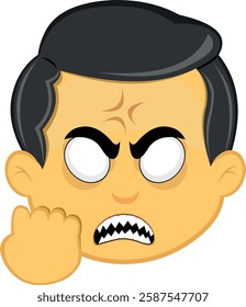 vector illustration yellow emoji character male, with white eyes of angry expression concept, sharp teeth and hand revenge gesture