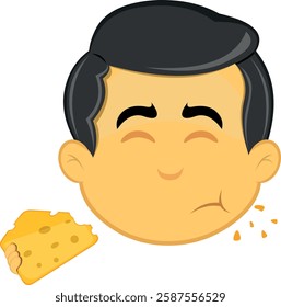 vector illustration yellow emoji character male, eating a piece of cheese