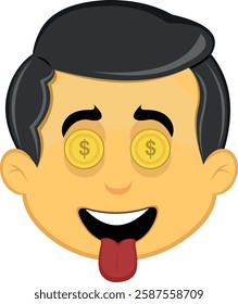 vector illustration yellow emoji character male,  with an ambitious expression, coins in his eyes and his tongue sticking out