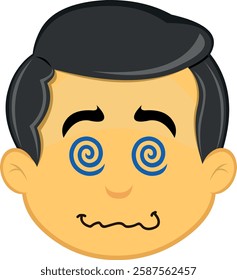 vector illustration yellow emoji character male, hypnotized or drugged with spiral shaped eyes