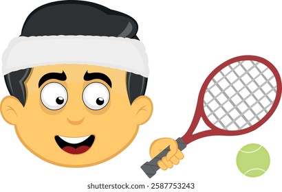 vector illustration yellow emoji character male, with a tennis racket and ball