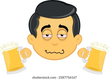 vector illustration yellow emoji character male, drunk with beers glasses in his hands