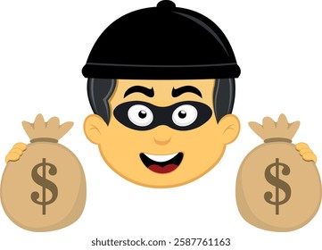 vector illustration yellow emoji character male, with a thief hat and mask, holding bags of money with his hands