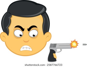 vector illustration yellow emoji character male, shooting a weapon firearm gun