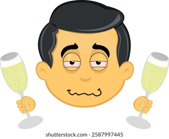 vector illustration yellow emoji character male, drunk with glasses of champagne or cider in his hands