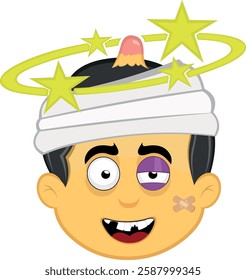 vector illustration yellow emoji character male, hurt with a black eye and seeing stars