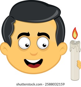 vector illustration yellow emoji character male, holding a lit wax candle as a remembrance and commemoration concept