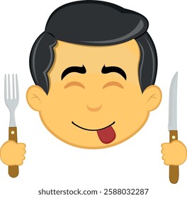 vector illustration yellow emoji character male, an expression of yummy how delicious with a knife and fork in his hands