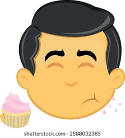 vector illustration yellow emoji character male, eating a raspberry cupcake or muffin