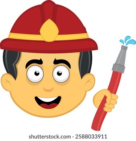 vector illustration yellow emoji character male, with a fireman helmet, a hose in hand and water drop