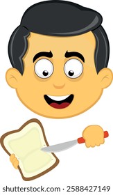 vector illustration yellow emoji character male, spreading butter on a slice of bread with a spreader