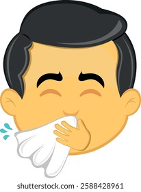 vector illustration yellow emoji character male, sneezing with a nose handkerchief