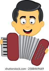 vector illustration yellow emoji character male, playing musical instrument accordion