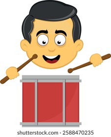 vector illustration yellow emoji character male, with a drum and chopsticks